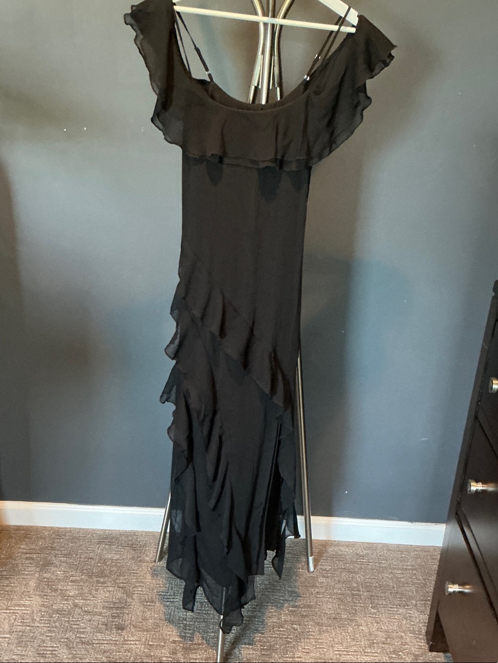 Black Ruffle Strap Maxi Dress - Elegant Evening Style